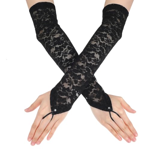Xinjoduz Handschuhe Lang Spitzenhandschuhe Schwarz Fingerlose Spitzen Ellenbogenlange Handschuhe Damen Hochzeitshandschuhe Netzhandschuhe für 1980er Jahre Party Hochzeit Kleidungszubehör von Xinjoduz