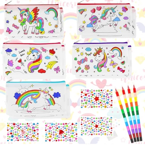 Xinlon 10 Stück Stoffbeutel zum bemalen Set, Pencil Case Fabric Bag, Taschen zum Bemalen für Kinder, Einhorn Federmäppchen zum Bemalen with 4 Stackable Wax Crayons 4 Stück Stapelbar Glitzersteine von Xinlon