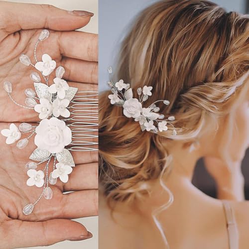 Xinlon Braut Haarkamm Silber mit Kristallperlen – Eleganter Kopfschmuck mit Blumen- und Blattdesign, ideal für Braut und Mädchen, Kristall Perlen Brautschmuck Haarkamm von Xinlon