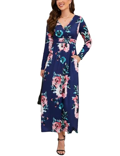 Kleid Damen Langarm Blumenmuster Boho-Stil V-Ausschnitt Maxi Kleider mit Taschen A-Linie Print Maxikleid Casual Cocktailkleid Tailliert Sommerkleid Elegant von Xinlong