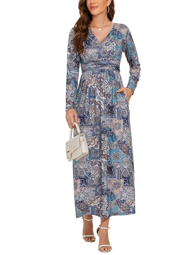 Kleid Damen Langarm Blumenmuster Boho-Stil V-Ausschnitt Maxi Kleider mit Taschen A-Linie Print Maxikleid Casual Cocktailkleid Tailliert Sommerkleid Elegant von Xinlong