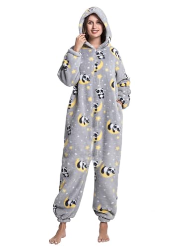 Xinlong Schlafanzug Damen Winter Overall Oversized Pandakostüm Onesie Panda Jumpsuit Kostüm Cosplay mit Kapuze Taschen Karnevalskostüm von Xinlong