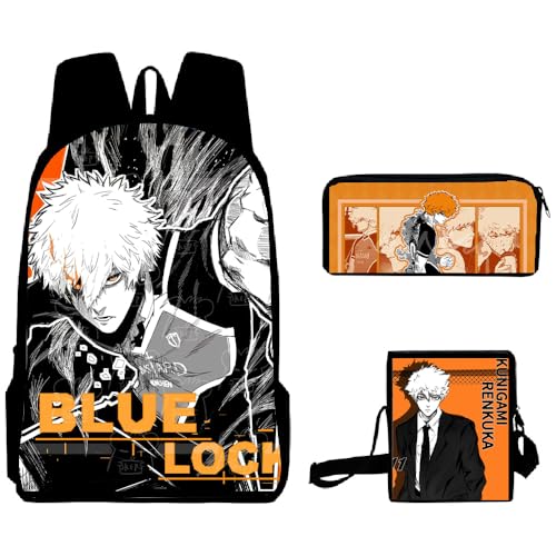 Xinnice Blue Lock Rucksack 3-teilig, Seishiro Nagi/Isagi Yoichi Schultasche + Federtasche + Umhängetasche, Anime Daypack Reisetasche Dreiteiliges Set für Jungen und Mädchen von Xinnice