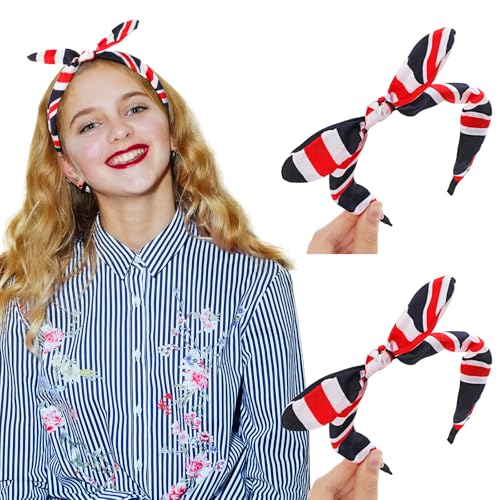2 Stück Union Jack Bowknot Stirnband Union Flagge Schleife Haarreife Hasenohren Haarreife Rot Blau Weiß Britisches Haarband für Damen Mädchen Yoga Fahrradfahren Parade Draußen Party von Xinnun