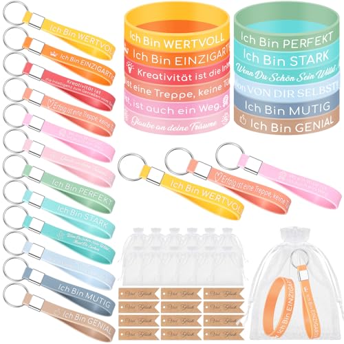 Xinnun 24 Stück Motivationsarmband auf Deutsch 20 cm Inspirierenden Silikon Armbänder Sprüchen Schlüsselanhänger mit Etikett und Netzbeutel Inspirierende Geschenk zum Weihnachten, Geburtstag von Xinnun