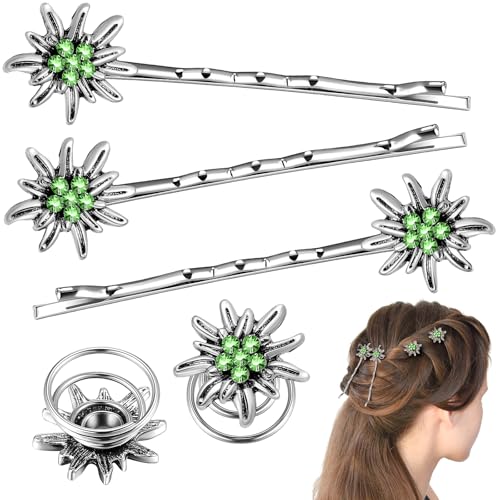 Xinnun 5 Stück Traditionelles Strass Edelweiß Haarschmuck Elegante Trachtenschmuck Damen Wellenform Haarspange Federklemmen für Bayerisch Bierfest Dirndlschmuck Trachten Dirndl Accessoires(Grün) von Xinnun