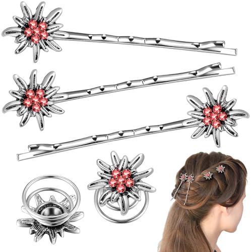 Xinnun 5 Stück Traditionelles Strass Edelweiß Haarschmuck Elegante Trachtenschmuck Damen Wellenform Haarspange Federklemmen für Bayerisch Bierfest Dirndlschmuck Trachten Dirndl Accessoires(Rot) von Xinnun
