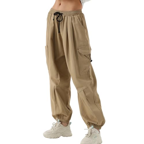 Xinor Cargohose Damen Baggy High Waist Y2k Hose mit Taschen Teenager Mädchen Parachute Pants Elastische Taille Lockere Streetwear Freizeithose von Xinor