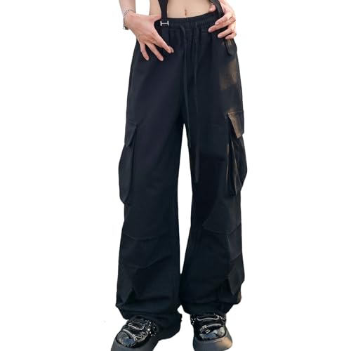 Xinor Cargohose Damen Baggy Y2k Weites Bein Parachute Pants High Waist Teenager Vintage Streetwear Elastische Taille Freizeithose Jogginghose von Xinor