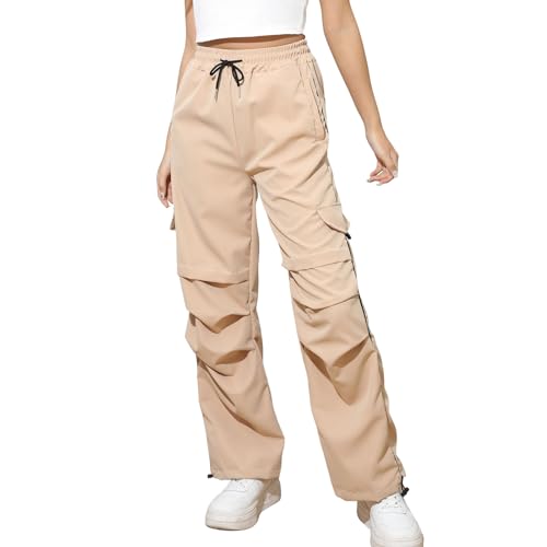 Xinor Cargohose Damen Y2k High Waist Baggy Parachute Pants mit Taschen Teenager Mädchen Wide Leg Hose Streetwear Freizeithose von Xinor