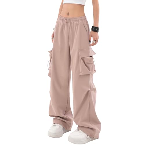 Xinor Cargohose Damen Y2k High Waist Baggy Parachute Pants mit Taschen Teenager Mädchen Wide Leg Hose Streetwear Freizeithose von Xinor