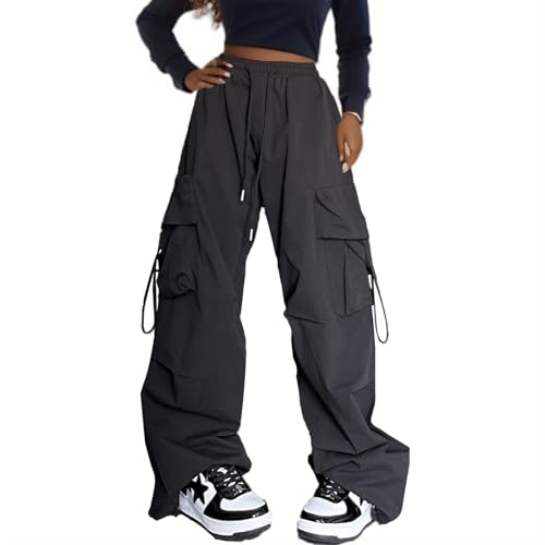 Xinor Cargohose Damen Y2k High Waist Baggy Parachute Pants mit Taschen Wide Leg Hose Streetwear Freizeithose von Xinor