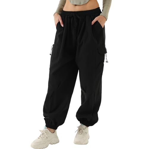 Xinor Cargohose Damen Baggy High Waist Y2k Hose mit Taschen Teenager Mädchen Parachute Pants Elastische Taille Lockere Streetwear Freizeithose von Xinor