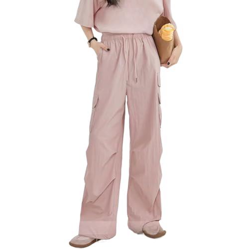 Xinor Damens Leichte Y2K Baggy Parachute Cargohose mit Falten Weitem Bein Elastischer Bund und Mehreren Taschen in Rosa von Xinor