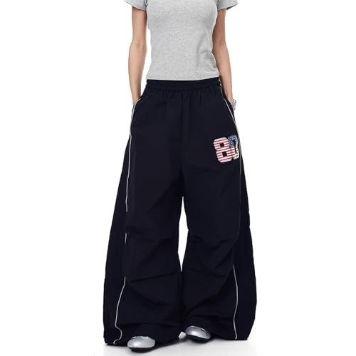 Xinor Y2K Streetwear Cargohose Damen mit reflektierenden Streifen Weite Baggy Parachute Pants mit Komfortbund und Bodenlänge von Xinor