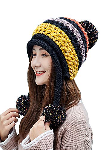 Xinqiao Damen Winter Peruanische Beanie Strickmütze Fleece Gefüttert Ohrenklappen Cap Pompon Hat, Schwarz , Einheitsgröße von Xinqiao