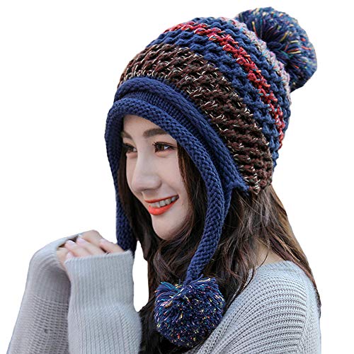 Xinqiao Wintermütze für Damen, peruanische Beanie, gestrickt, mit Fleece gefüttert, Ohrenklappen Gr. Einheitsgröße, navy von Xinqiao