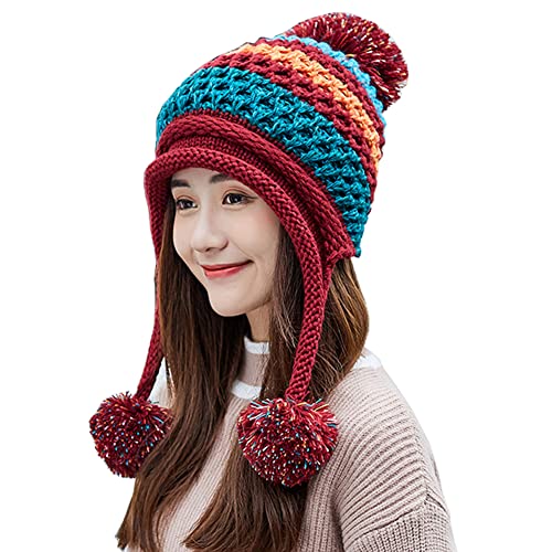 Xinqiao Wintermütze für Damen, peruanische Beanie, gestrickt, mit Fleece gefüttert, Ohrenklappen Gr. Einheitsgröße, weinrot von Xinqiao