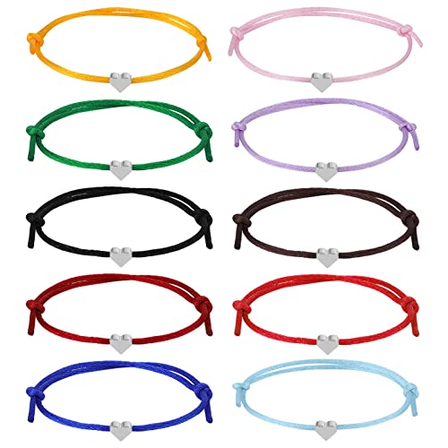 Xinstroe 10 Stück Herz Freundschaftsarmband, Seil Armbänder Filigranes Größenverstellbar für Frauen Mädchen (Silber) von Xinstroe