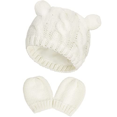 Xinveen Neugeborenes Baby Winter Beanie Mütze Fäustlinge Set Säugling Kleinkind Warme Strickmütze Handschuh Set für Mädchen Jungen, weiß, 68 von Xinveen