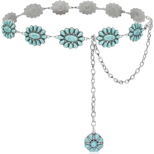 Xiokyo Türkisfarbener Westernkettengürtel, Cowgirl-Concho-Gürtel für Damen, Kleider und Jeans, E, 55inch(38''+extended chain 17'') von Xiokyo