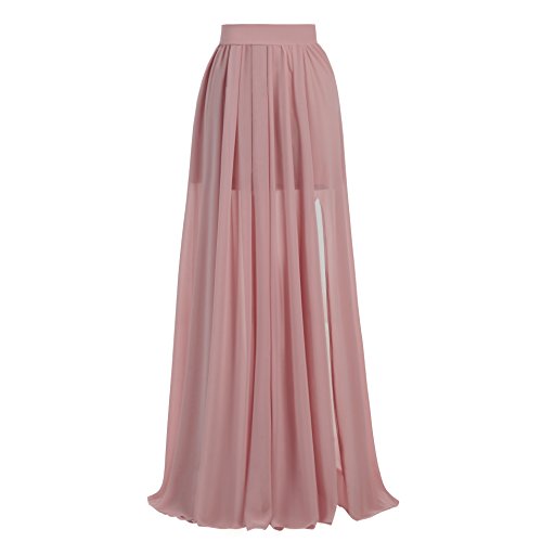 Xiongfeng® Damen Chiffon Plissee Rock Seiten Schlitz Maxi Lang Sommerrock Altrosa,M von Xiongfeng