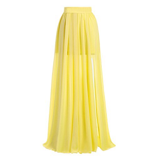 Xiongfeng® Damen Chiffon Plissee Rock Seiten Schlitz Maxi Lang Sommerrock Gelb,L von Xiongfeng