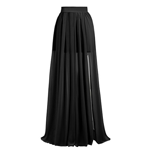 Xiongfeng® Damen Chiffon Plissee Rock Seiten Schlitz Maxi Lang Sommerrock Schwarz,L von Xiongfeng