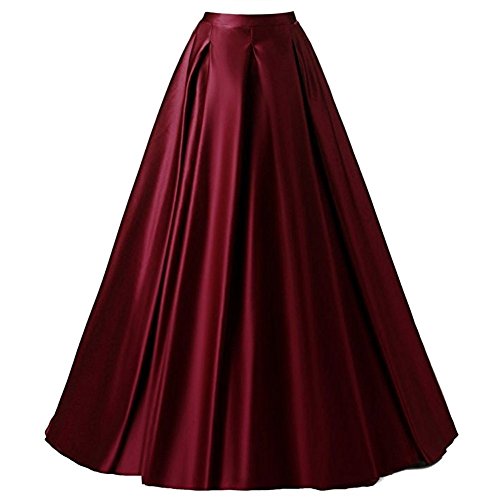 Xiongfeng®Damen A-Linie Satin Maxi Vintage Rock Hohe Taille mit Taschen Burgund,S von Xiongfeng