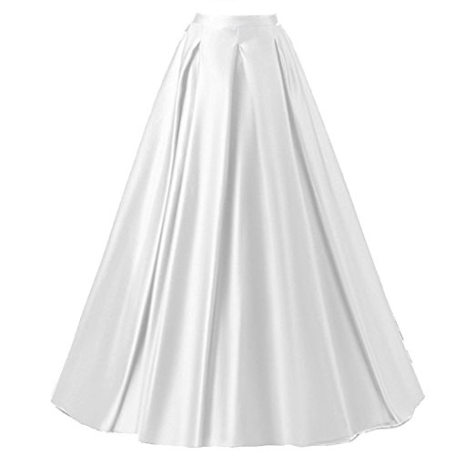 Xiongfeng®Damen A-Linie Satin Maxi Vintage Rock Hohe Taille mit Taschen Weiß,M von Xiongfeng