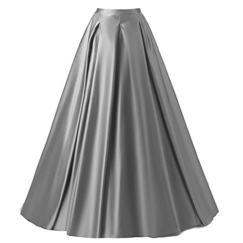 Xiongfeng®Damen A-Linie Satin Maxi Vintage Rock mit Hohe Taille, Silbern, L von Xiongfeng