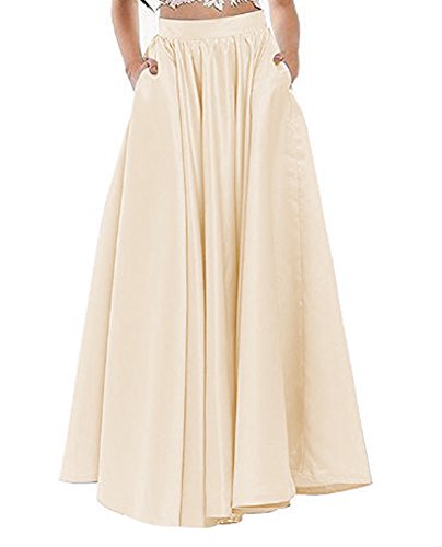 Xiongfeng®Damen Lang Satin A-Linie Faltenrock Swing Maxi Rock Tanzkleidung Bauchtanz Rock mit Taschen (Champagner,XS) von Xiongfeng