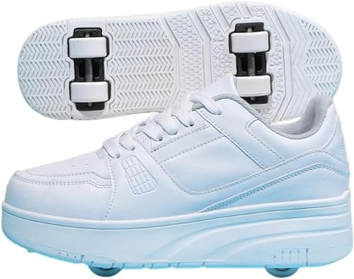 Xisnuient Schuhe Mit Rollen Für Jungen Mädchen, Kinder Rollschuhe Schuhe Mit 4 Rollen Turnschuhe Versenkbarer, 2-in-1 Roller Multifunktion Turnschuhe Skateboardschuhe Roller Skate (33EU,Weiß) von Xisnuient