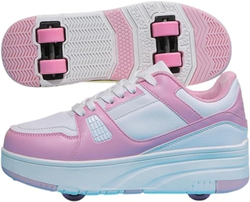 Xisnuient Schuhe Mit Rollen Für Jungen Mädchen, Kinder Rollschuhe Schuhe Mit 4 Rollen Turnschuhe Versenkbarer, 2-in-1 Roller Multifunktion Turnschuhe Skateboardschuhe Roller Skate (36EU,Rosa) von Xisnuient