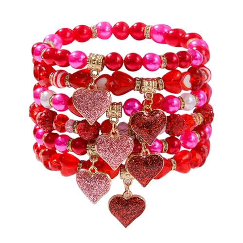 Xisulay Rotherzarmband 6 Stcs Herzperlenarmband Set mit Pendellanhängern rotes Elastizierkabel -Stapelarmbänder für Frauen verstellbare Handgelenksgröße ideal Valentinstag Geburtstage Besondere von Xisulay