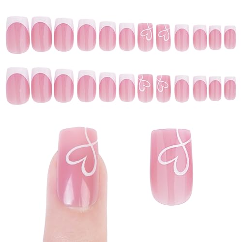 Xiwlaikeqi French Künstliche Nägel, quadratisch, lang, zum Aufdrücken mit Nagelkleber, zum Aufkleben auf Nägel mit Herz-Design, glänzend, volle Abdeckung, künstliche Nagelverlängerungen für Frauen und Xiwlaikeqi French Künstliche Nägel, quadratisch, lang, zum Aufdrücken mit Nagelkleber, zum Aufkleben auf Nägel mit Herz-Design, glänzend, volle Abdeckung, künstliche Nagelverlängerungen für Frauen und von Xiwlaikeqi