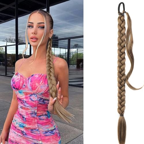 Braid Extensions Pferdeschwanz Verlängerung mit Haargummi, Haarverlängerung (Gold) Echthaar Zopf Braids Extensions Haarteil Mit Gummiband Dreadlocks Zopf für Damen (6H27,100cm) von Xiyocadt
