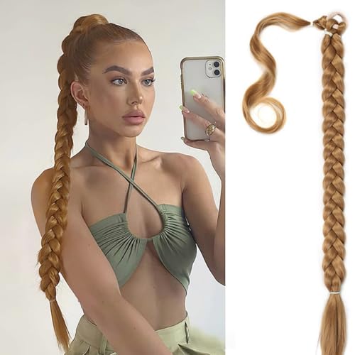 Braid Extensions Pferdeschwanz Verlängerung mit Haargummi, Haarverlängerung (Gold) Echthaar Zopf Braids Extensions Haarteil Mit Gummiband Dreadlocks Zopf für Damen (shenjinse,80cm) von Xiyocadt