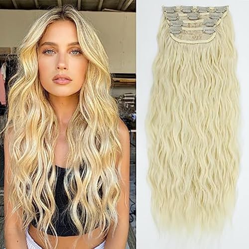 Clip in Haarverlängerung, 50cm Wellige Clip in Extensions in 4PCs Voller Kopf Dickes Synthetisches Extensions Haarteil Für Frauen Mädchen Blond mit weißblonden Highlights (102,50cm) von Xiyocadt