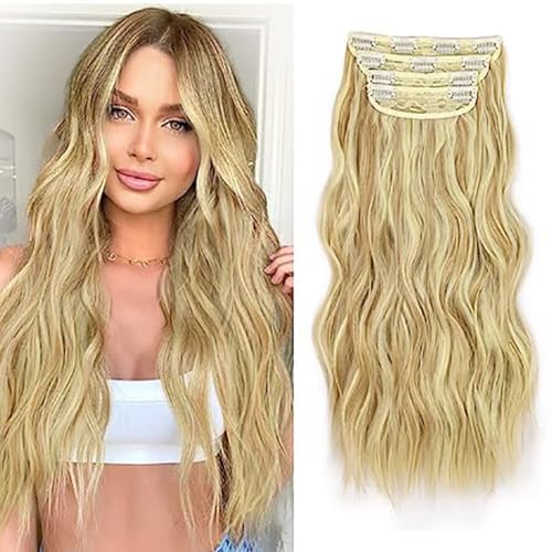 Clip in Haarverlängerung, 50cm Wellige Clip in Extensions in 4PCs Voller Kopf Dickes Synthetisches Extensions Haarteil Für Frauen Mädchen Blond mit weißblonden Highlights (105,50cm) von Xiyocadt