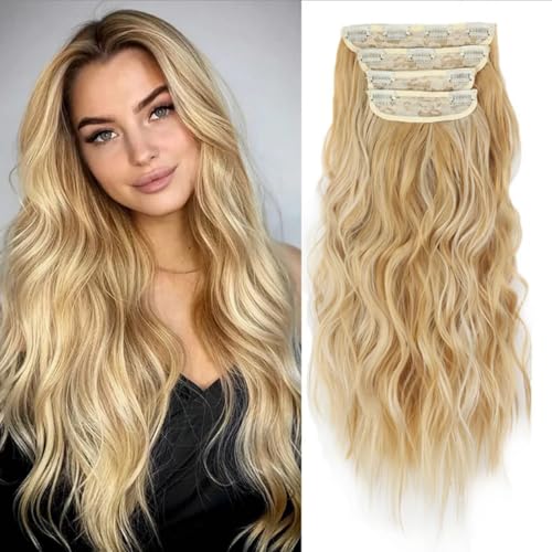 Clip in Haarverlängerung, 50cm Wellige Clip in Extensions in 4PCs Voller Kopf Dickes Synthetisches Extensions Haarteil Für Frauen Mädchen Blond mit weißblonden Highlights (107,50cm) von Xiyocadt