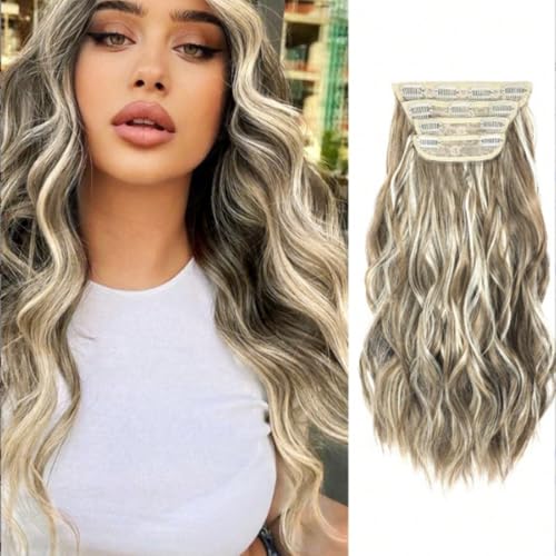 Clip in Haarverlängerung, 50cm Wellige Clip in Extensions in 4PCs Voller Kopf Dickes Synthetisches Extensions Haarteil Für Frauen Mädchen Blond mit weißblonden Highlights (18TH613,50cm) von Xiyocadt