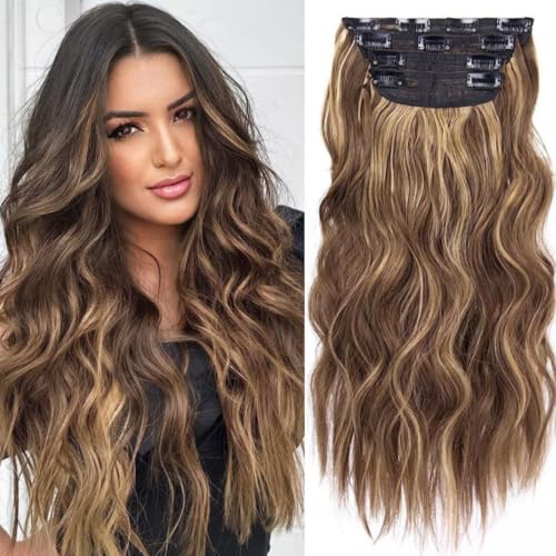 Clip in Haarverlängerung, 50cm Wellige Clip in Extensions in 4PCs Voller Kopf Dickes Synthetisches Extensions Haarteil Für Frauen Mädchen Blond mit weißblonden Highlights (22H10,50cm) von Xiyocadt