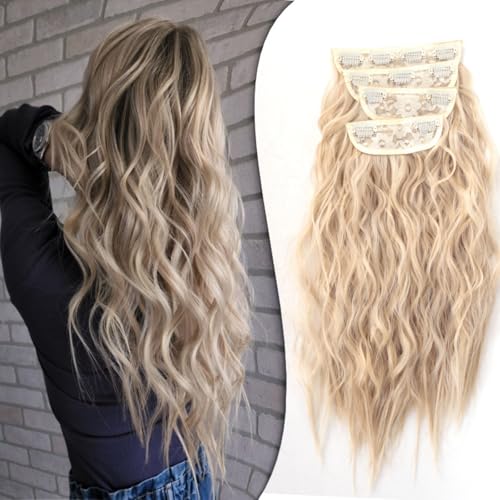 Clip in Haarverlängerung, 50cm Wellige Clip in Extensions in 4PCs Voller Kopf Dickes Synthetisches Extensions Haarteil Für Frauen Mädchen Blond mit weißblonden Highlights (mise,50cm) von Xiyocadt