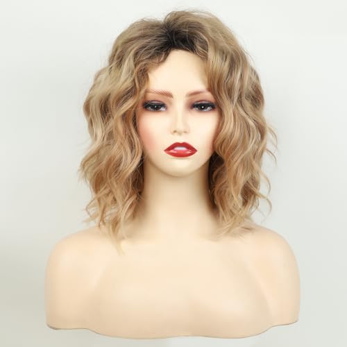 Damen Blond Ombre Kurze Wellig Blonde Perrücke mit Fransen, Kurze Synthetische Gewellte Perücken, Mädchen Natürliche Mittelteil Haar Perücke Party, Kostüm Ohne Lace Front Wig (22486,1pcs) von Xiyocadt