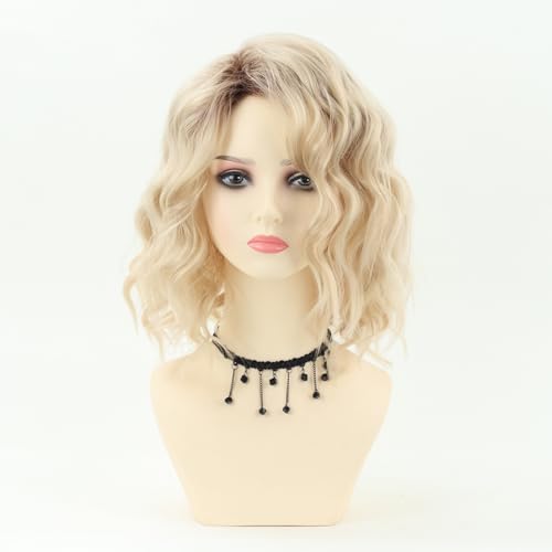 Damen Blond Ombre Kurze Wellig Blonde Perrücke mit Fransen, Kurze Synthetische Gewellte Perücken, Mädchen Natürliche Mittelteil Haar Perücke Party, Kostüm Ohne Lace Front Wig (22486-1,1pcs) von Xiyocadt
