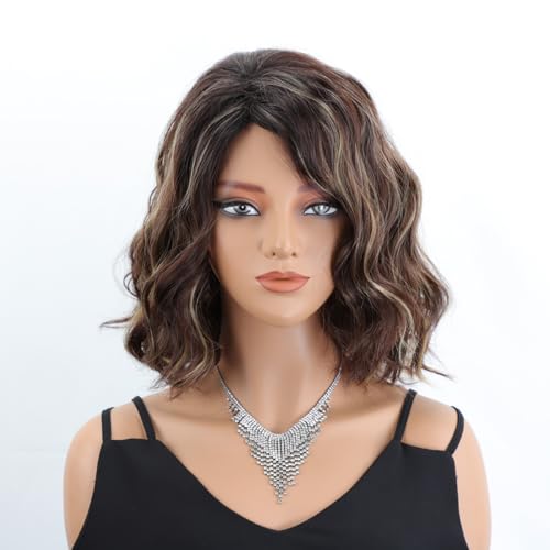 Damen Blond Ombre Kurze Wellig Blonde Perrücke mit Fransen, Kurze Synthetische Gewellte Perücken, Mädchen Natürliche Mittelteil Haar Perücke Party, Kostüm Ohne Lace Front Wig (22486-4,1pcs) von Xiyocadt