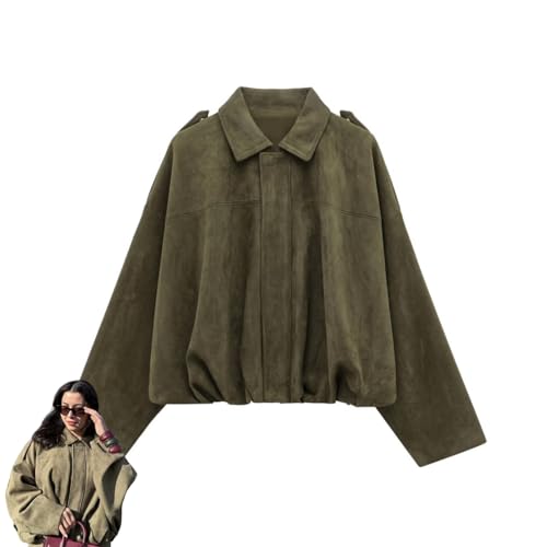 Lederjacke Damen Bomberjacke Damen aus Wildleder Herbstjacke & Blouson Jacke Damen mit Wildleder Tasche Übergangsjacke für Herbst und Sommer Lässige Y2K Winterjacke mit Revers und Zip (Olivgrün,M) von Xiyocadt