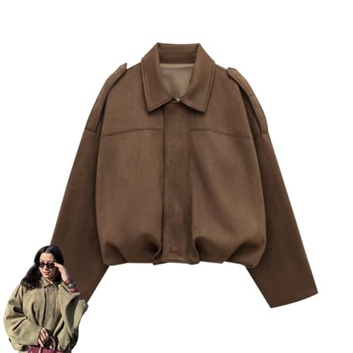 Lederjacke Damen Bomberjacke Damen aus Wildleder Herbstjacke & Blouson Jacke Damen mit Wildleder Tasche Übergangsjacke für Herbst und Sommer Lässige Y2K Winterjacke mit Revers und Zip (Kaffeebraun,S) von Xiyocadt