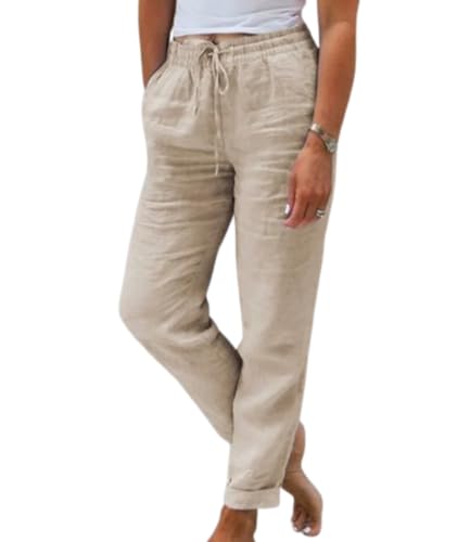 Leinenhose Damen Sommer,Leinen Lang Baumwolle Hose Casual Leicht Sommerhose Einfarbig Loose Fit Stoffhose Elastischem Bund Adjustierbarem Kordelzug Freizeithose Strandhose (Khaki,M) von Xiyocadt